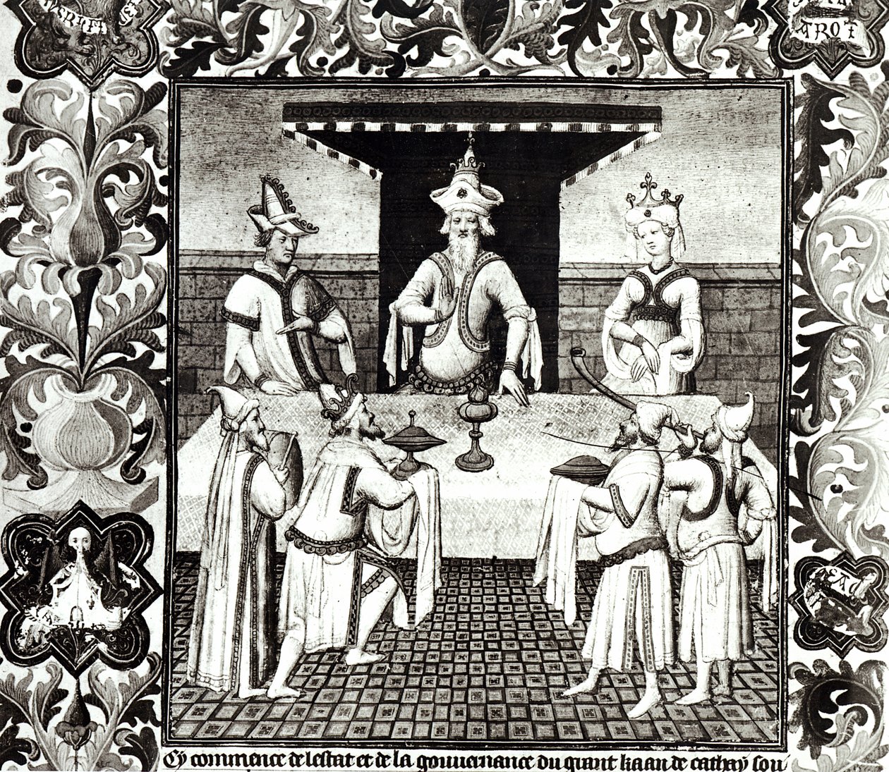 السيدة 2810 f.136v ، عيد الخان العظيم ، من "Livre des Merveilles du Monde" ، c.1410-12 (درجة الحرارة على الرق) (انظر أيضًا 167306) بواسطة ماجستير Boucicaut
