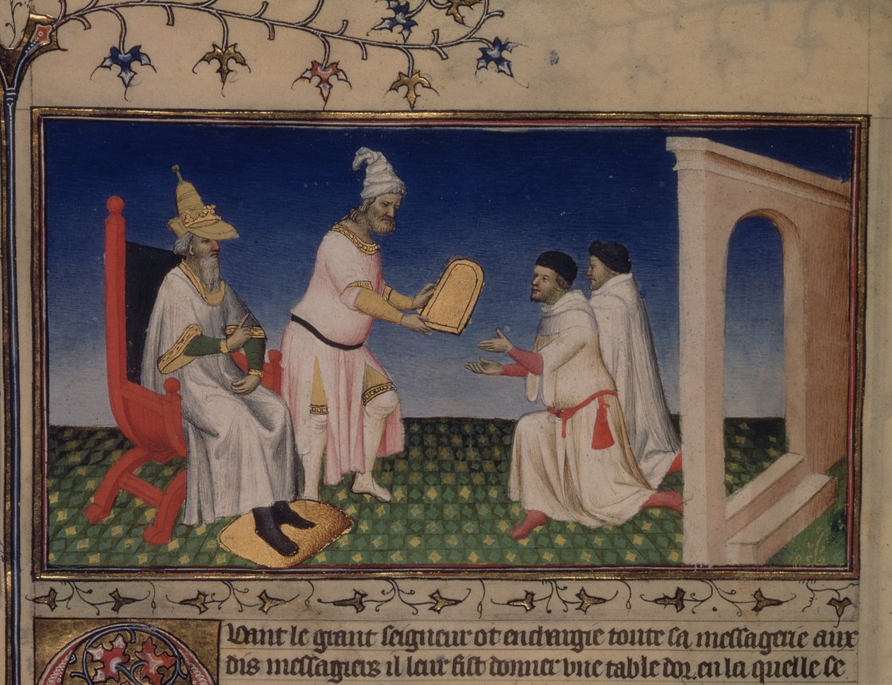 السيدة Fr 2810 f.3v ، Kublai Khan يمنح نيكولو وماركو بولو سلوكًا آمنًا إلى بكين ، بختمه الذهبي لبولو في Cambaluc في 1292 ، من "Le Livre des Merveilles" ، c.1410-12 (درجة الحرارة على الرق) بواسطة ماجستير Boucicaut