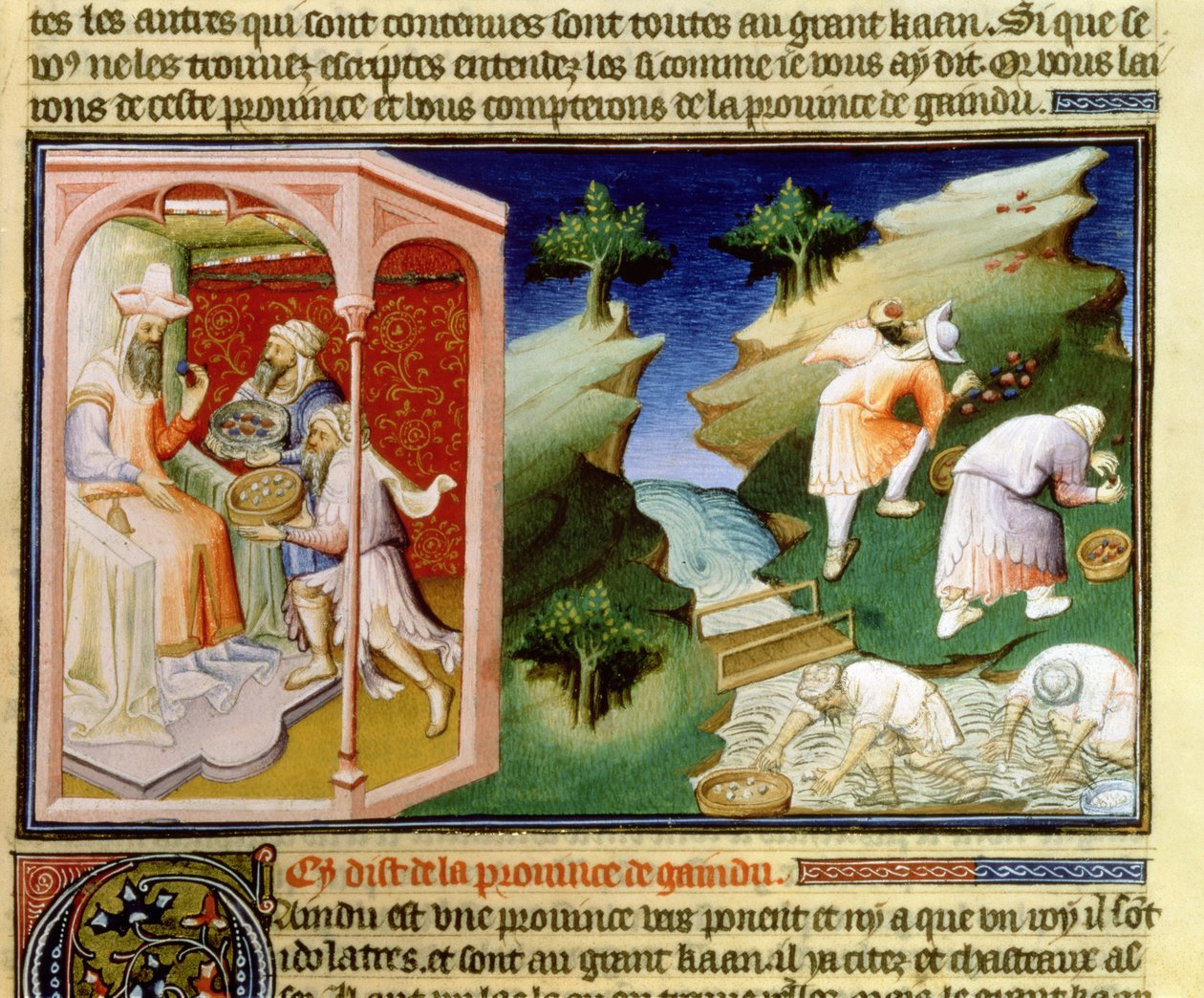 السيدة Fr 2810 f.54 ، صيد اللؤلؤ وجمع الفيروز في مقاطعة Gaindu ، من "Livre des Merveilles du Monde" ، c.1410-12 (درجة الحرارة على الرق) بواسطة ماجستير Boucicaut