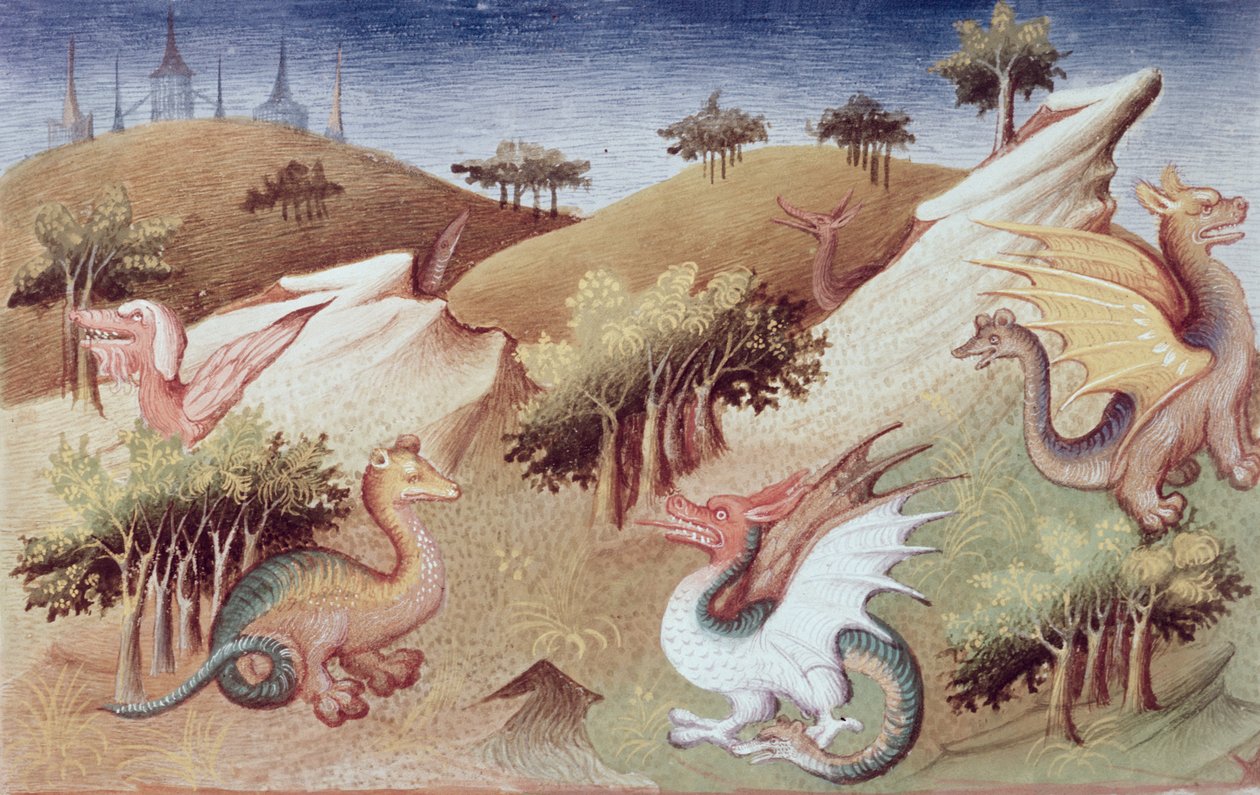 السيدة Fr 2810 f.55v ، التنين والوحوش الأخرى ، من "Le Livre des Merveilles du Monde" ، c.1410-12 (درجة الحرارة على الرق) بواسطة ماجستير Boucicaut