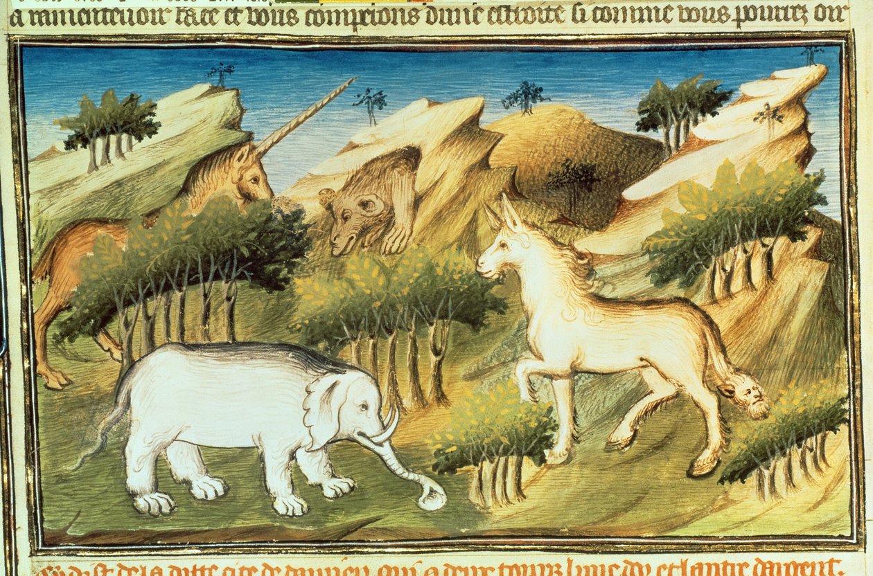 السيدة Fr 2810 f.59v ، الحيوانات الأسطورية في البرية ، من "Livre des Merveilles du Monde" ، ج 1410-12 (درجة الحرارة على الرق) بواسطة ماجستير Boucicaut