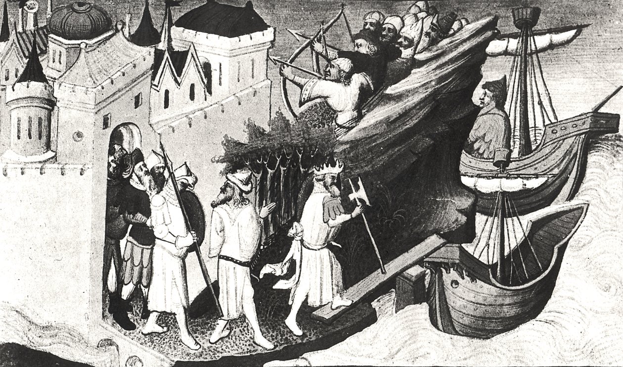 السيدة 2810 ص 72 ، جنود الخان الأعظم يأخذون جزيرة سيبانجو ، من ليفر دي ميرفيل دو موند ، c.1410-12 (درجة الحرارة على الرق) (انظر أيضًا 176644) بواسطة ماجستير Boucicaut