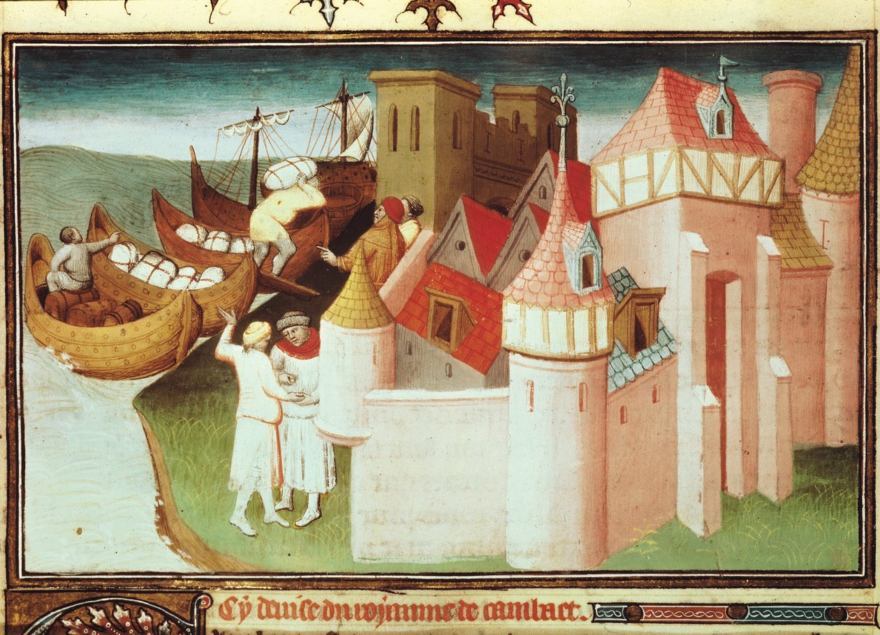 السيدة Fr 2810 f.86v ، التجارة في خليج كامباي ، الهند ، من "ليفر دي ميرفيل دو موند" ، c.1410-12 (درجة الحرارة على الرق) بواسطة ماجستير Boucicaut