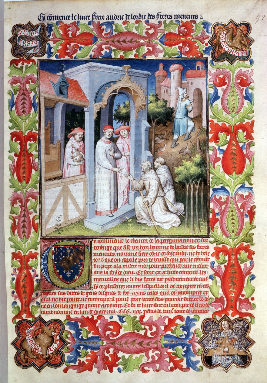 السيدة Fr 2810 f.97 ، Odorico da Pordenone و James of Ireland يأخذون إجازة البابا يوحنا الثاني والعشرون ، من "Livre des Merveilles du Monde" ، c.1410-12 (درجة الحرارة على الرق) بواسطة ماجستير Boucicaut