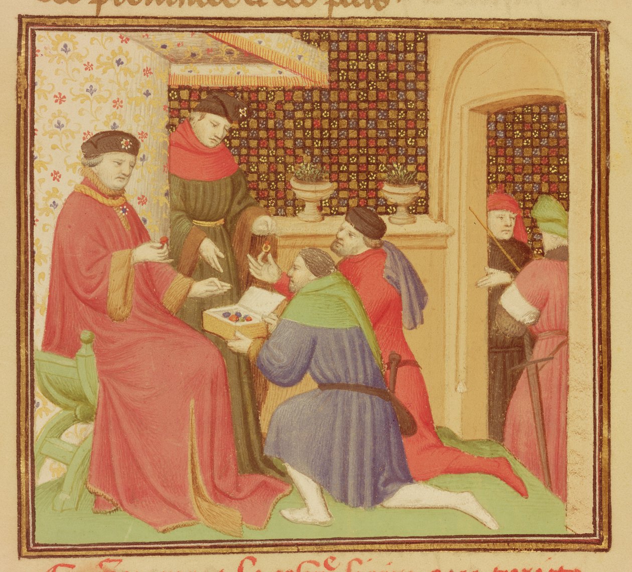 السيدة الاب 9141 صفحة 235 يتلقى الدوق الأحجار الكريمة ، من فيلم "Le Livre de la Propriete des Choses" من بارثيليمي الإنجليزي ، c.1405 بواسطة ماجستير Boucicaut