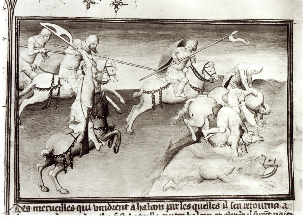السيدة 2810 القائد المغولي ، هولاكو ، خان من Ilkhanate يطارد ابن عمه ، Berke ، خان من Kipchak أو Golden Horde في 1262 ، مما أجبره على الدخول إلى نهر ، من Livre des Merveilles du Monde ، c.1410- بواسطة ماجستير Boucicaut