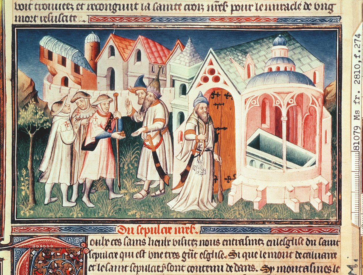 السيدة Fr 2810 fol.274 ، الحجاج أمام كنيسة القيامة في القدس ، من "Livre des Merveilles de Monde" ، ج 1410-12 (درجة الحرارة على الرق) بواسطة ماجستير Boucicaut