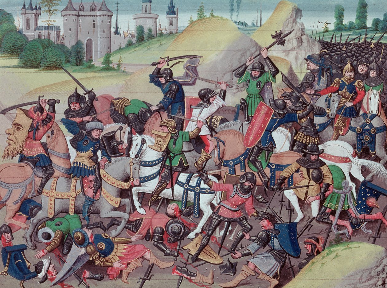 السيدة 5089-90 معركة بين المسلمين والمسيحيين خلال الحروب الصليبية ، من Chroniques des empereurs بقلم ديفيد أوبيرت ، 1462 بواسطة مدرسة برابانت