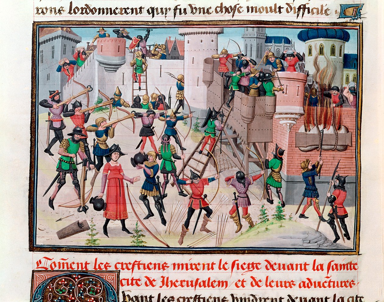 السيدة 5089-90 حصار القدس من قبل المسيحيين خلال إحدى الحملات الصليبية ، من Chroniques des empereurs بقلم ديفيد أوبيرت ، 1462 بواسطة مدرسة برابانت