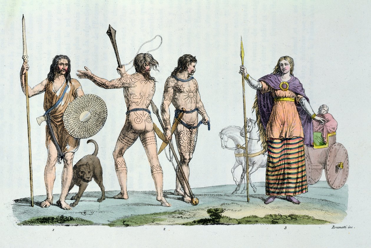الناس سلتيك في وقت يوليوس قيصر ، رسم توضيحي من `` Le Costume Ancien ou Moderne &39;&39; ، بقلم Jules Ferrario ، نُشر في ميلانو حوالي عام 1820 (نقش الألوان) بواسطة G. و Raineri Bramatti