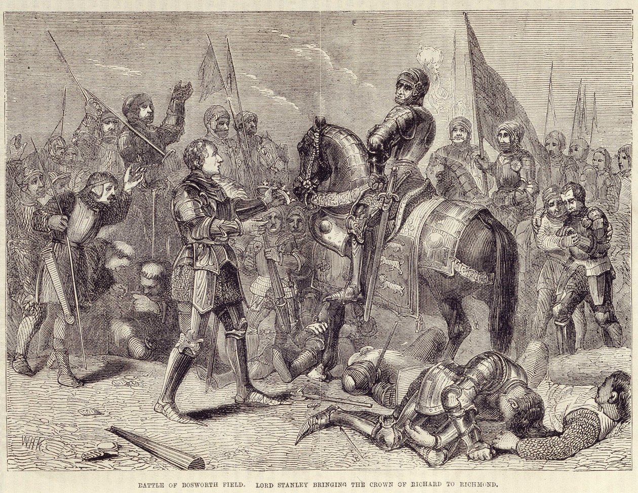 معركة ميدان بوسورث. اللورد ستانلي يجلب تاج ريتشارد الثالث إلى ريتشموند (1485): نهاية حرب الوردتين - في "" تاريخ إنكلترا المصور لكاسيل "، المجلد. الثاني ، بقلم ويليام هوويت بواسطة المدرسة البريطانية