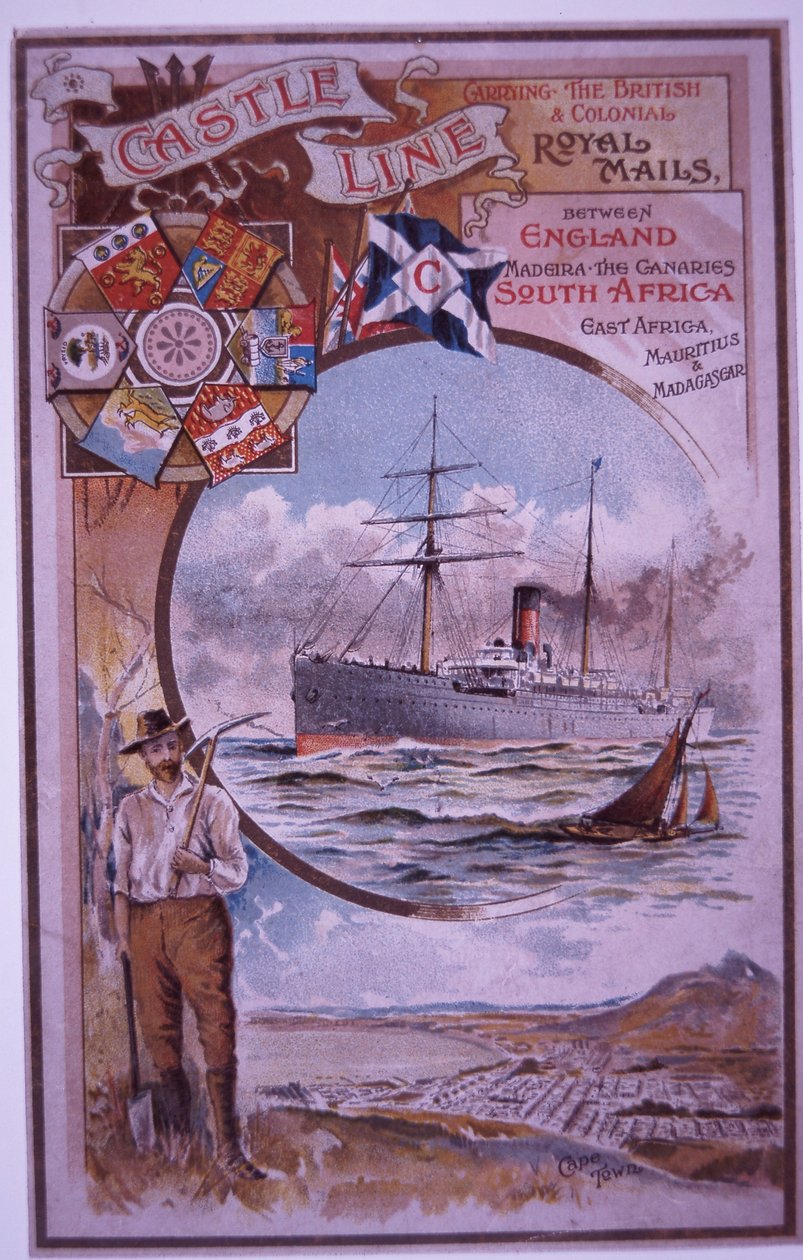 كتيب Castle Line مع قائمة ركاب قلعة Tantallon التي تبحر من كيب تاون إلى لندن في عام 1898 (لون ليثو) بواسطة المدرسة البريطانية