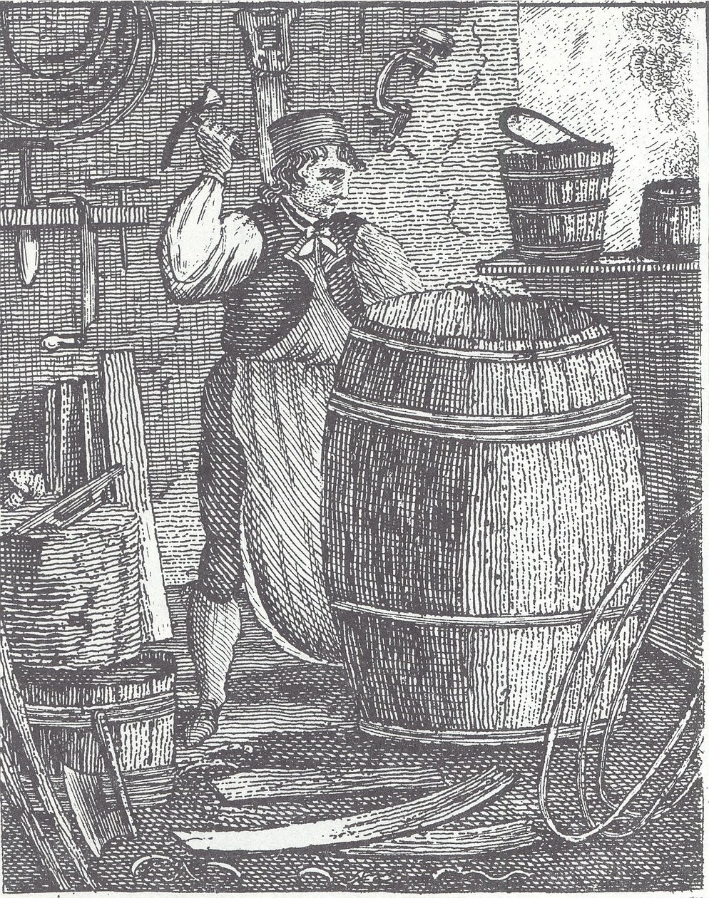 Cooper making barrel (engraving) بواسطة المدرسة البريطانية