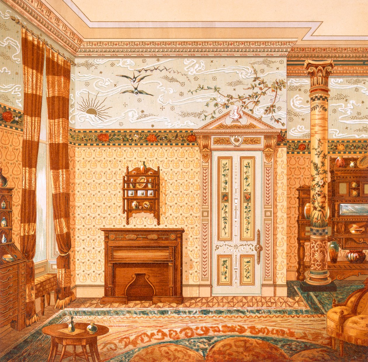 التصميم الداخلي الجمالي ، من "الديكورات الداخلية التي صممها McCulloch & Gow" ، تم نشره في ثمانينيات القرن التاسع عشر (لون ليثو) بواسطة المدرسة البريطانية