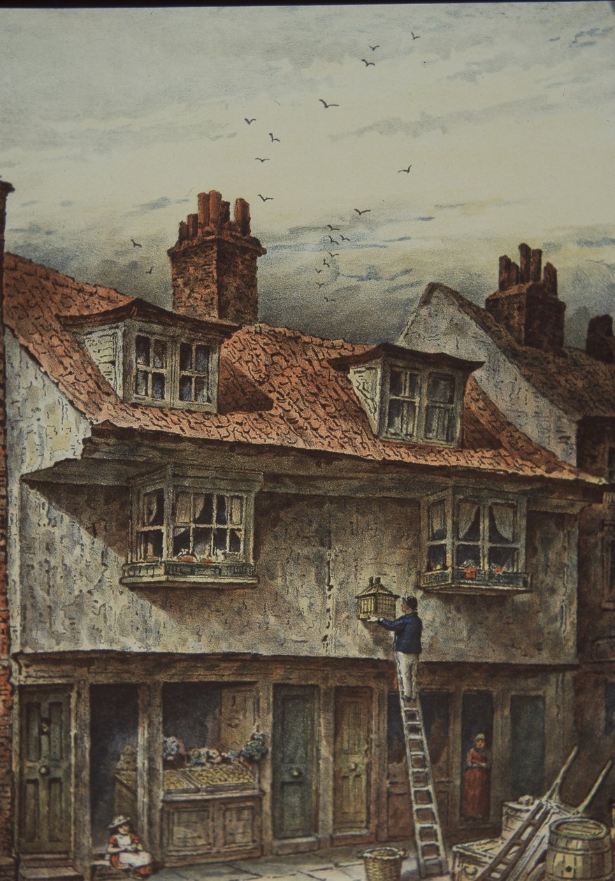 منازل في Saffron Hill ، لندن ، بين Holborn و Clerkenwell ، حوالي 1883 (لون ليثو) بواسطة المدرسة البريطانية