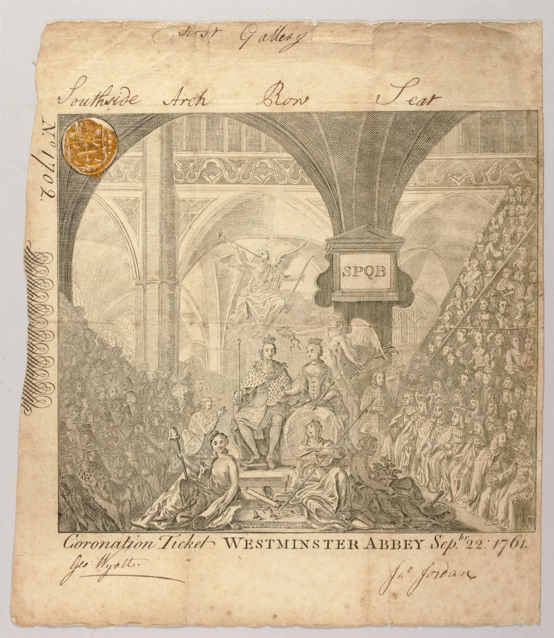تذكرة حفل تتويج جورج الثالث في وستمنستر أبي ، نقشها جورج بيكهام ، 22 سبتمبر 1761 (نقش) بواسطة المدرسة البريطانية