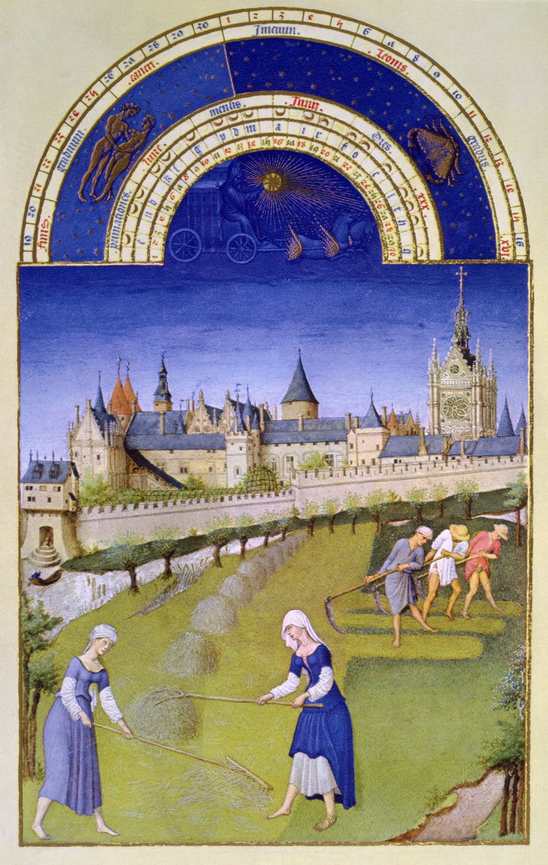 صورة طبق الأصل لشهر يونيو: صناعة القش ، من "Tres Riches Heures du Duc de Berry" (من الرِّق) (من الأصل انظر 8438) بواسطة الاخوة ليمبورغ