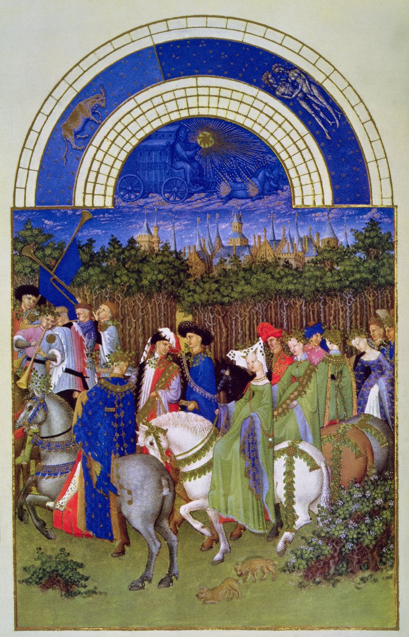 صورة طبق الأصل لشهر مايو: شخصيات كورتلي على ظهور الخيل ، مأخوذة من "Les Tres Riches Heures du Duc de Berry" (ورق) (للاطلاع على الأصل رقم 8437) بواسطة الاخوة ليمبورغ