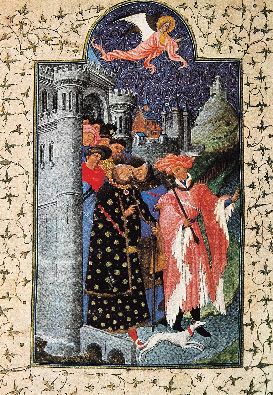 الدوق جان دي بيري (1340-1416) ومدير ممتلكاته. صورة مصغرة لجين ليمبورغ (1370-1416) لـ "" Les Tres Riches heures du Duc de Berry "" حوالي عام 1440 في باريس. BN بواسطة الاخوة ليمبورغ