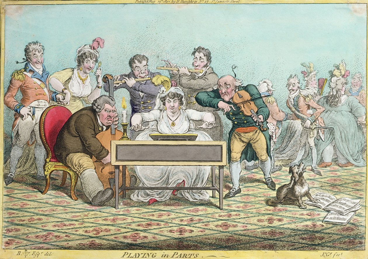 اللعب في أجزاء ، محفورًا بواسطة جيمس جيلراي (1757-1815) نشرته هانا همفري في عام 1801 (النقش الملون يدويًا) بواسطة براونلو الشمالية