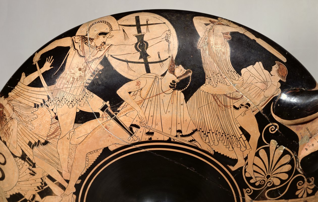 فنجان من العلية باللون الأحمر يصور مشاهد من حرب طروادة ، c.490 قبل الميلاد (فخار) (التفاصيل) بواسطة رسام بريغوس