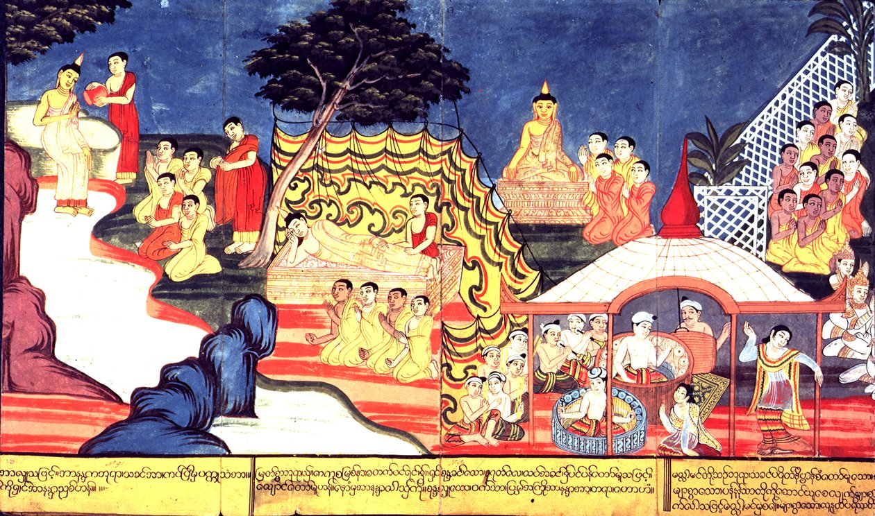 أو 14298 صفحة 16-17 حمامات بوذا ، حوالي 1800-20 (جواش على ورق) بواسطة المدرسة البورمية