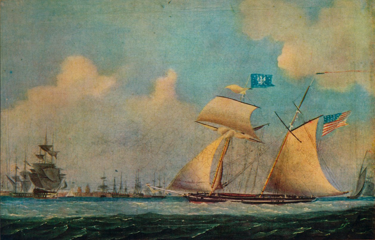 "مركب شراعي أمريكي وسفن أخرى بالقرب من المرفأ" ، c1815. بواسطة بيرتون