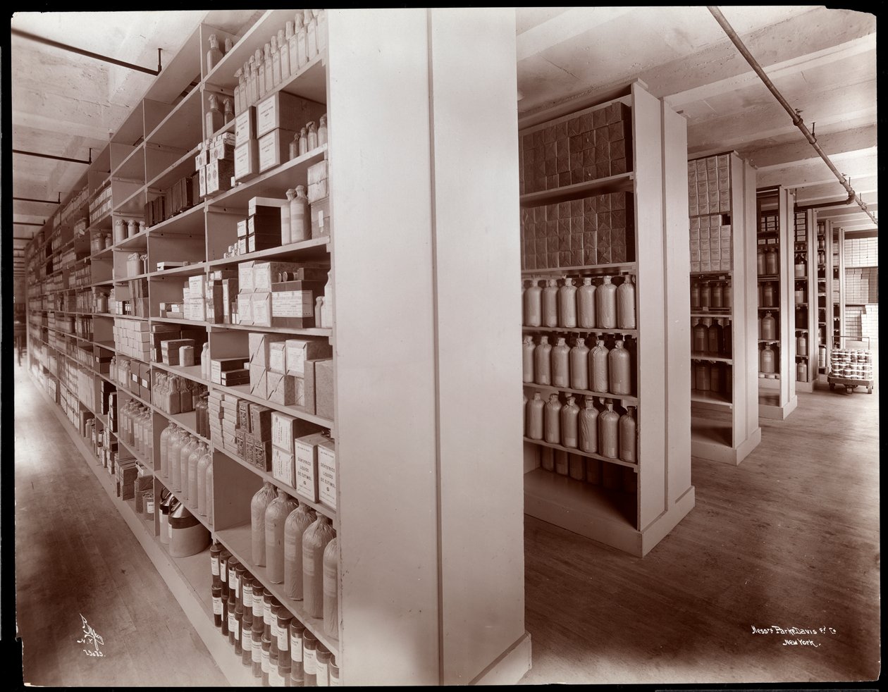 منظر داخلي لغرفة تخزين كيميائية في Parke ، Davis und Co. ، الكيميائيون ، Hudson und Vestry Streets ، نيويورك ، 1910 (طباعة الجيلاتين الفضي) بواسطة شركة بايرون