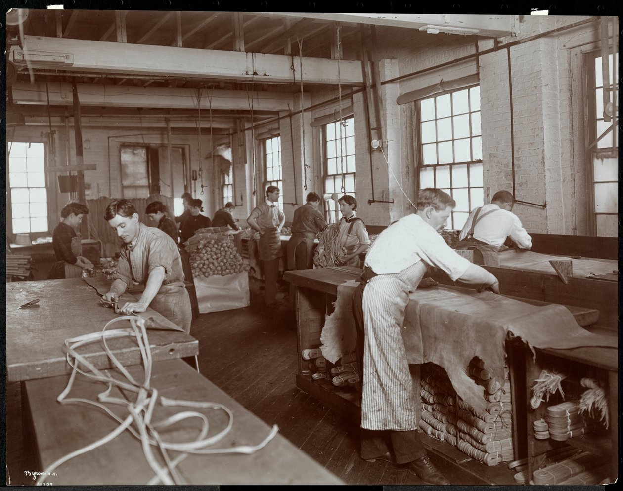 منظر داخلي للرجال والنساء الذين يعملون بالجلد في شركة New York Leather Belting Co. ، نيويورك ، 1906 (طباعة الجيلاتين الفضي) بواسطة شركة بايرون