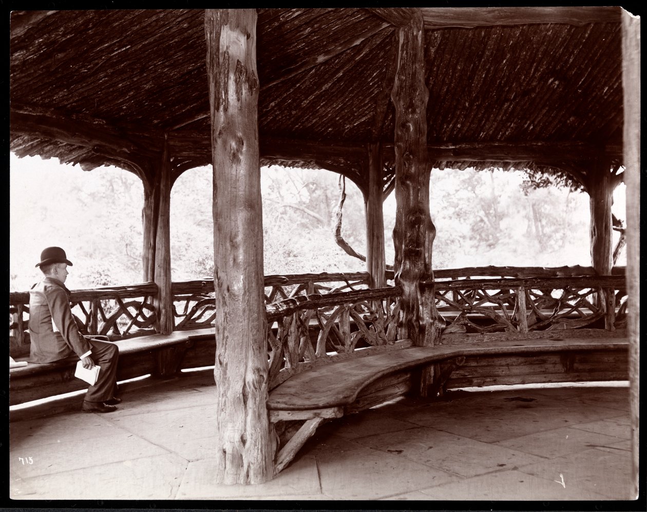منظر لرجل جالس في جناح ريفي ريفي في سنترال بارك ، نيويورك ، 1895 (طباعة الجيلاتين الفضي) بواسطة شركة بايرون