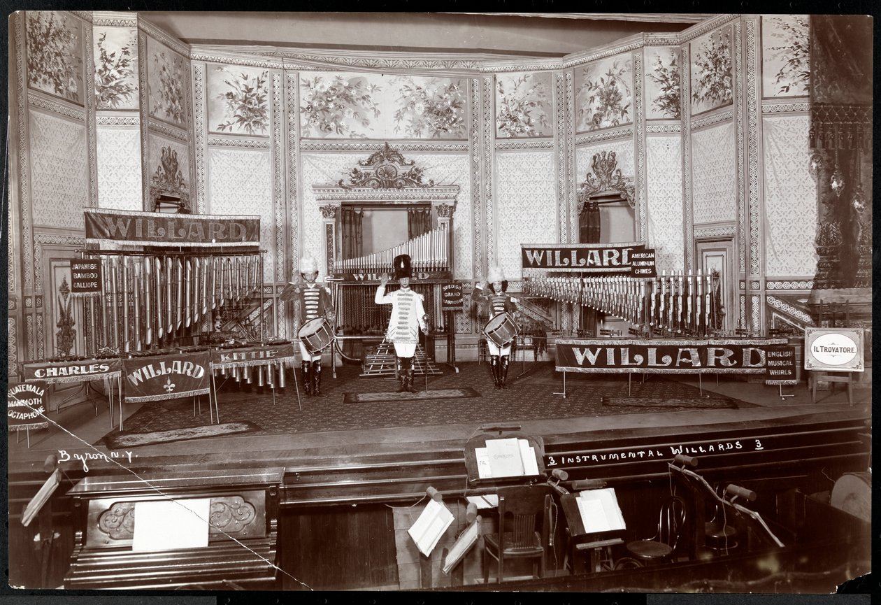 منظر لـ Instrumental Willards ، في زي على مرحلة معقدة مليئة بالآلات الموسيقية الفريدة ، نيويورك ، 1907 (طباعة الجيلاتين الفضي) بواسطة شركة بايرون