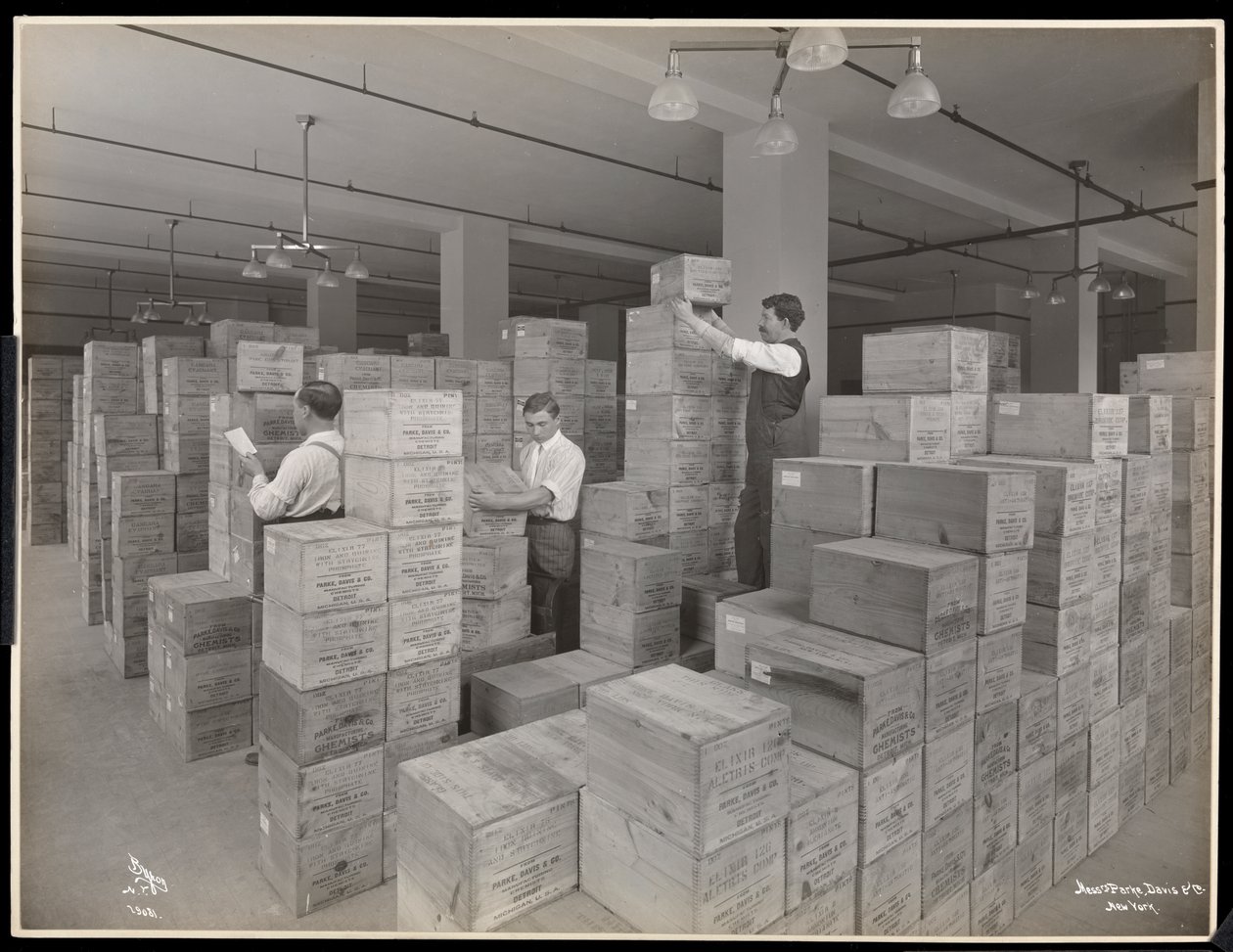 منظر لرجال في غرفة الشحن في Parke ، Davis und Co. ، الكيميائيون ، Hudson und Vestry Streets ، نيويورك ، 1910 (طباعة الجيلاتين الفضي) بواسطة شركة بايرون