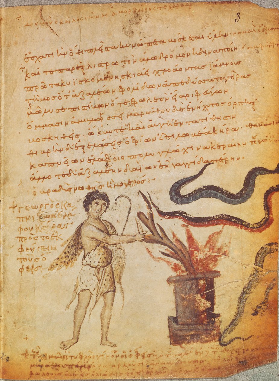 Ms Supp Grec 247 fol.3 راعي يحرق قرونًا لإبعاد الثعابين ، من Theriaca of Nicander of Colophon (القرن الثاني قبل الميلاد) بواسطة البيزنطية