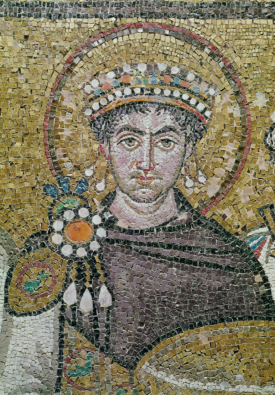 الإمبراطور جستنيان الأول (483-565) ج 547 م (فسيفساء) (تفاصيل 83451) بواسطة المدرسة البيزنطية