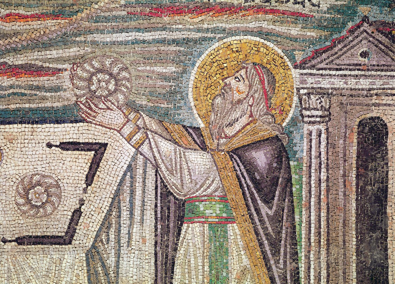 يقدم Melchisedech الخبز على المذبح ، وتفاصيل من lunette على الجدار الجنوبي تصور عروض Abel و Melchisedech (الفسيفساء) بواسطة المدرسة البيزنطية