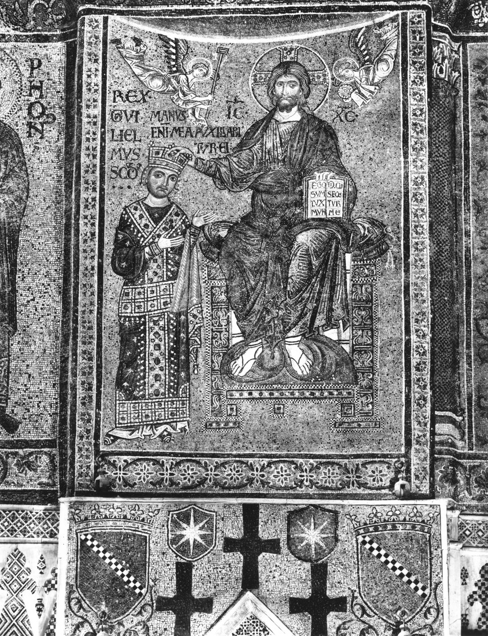 وليام الثاني (1154-89) ملك صقلية يتلقى تاجًا من المسيح (فسيفساء) بواسطة المدرسة البيزنطية