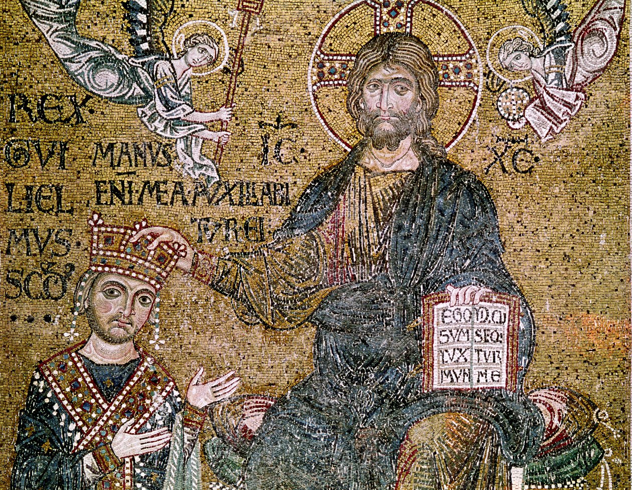 وليام الثاني (1154-89) ملك صقلية يتلقى تاجًا من المسيح (فسيفساء) بواسطة المدرسة البيزنطية