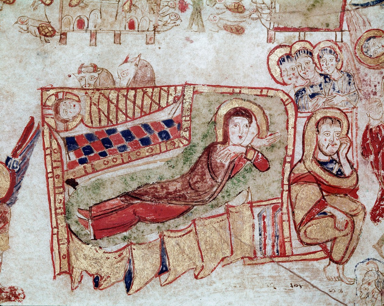 الفن البيزنطي: "" الميلاد والبشارة للرعاة "" منمنمة مأخوذة من "" Exultet "من بداية القرن الحادي عشر Museo Diocesano، Gaeta بواسطة البيزنطية