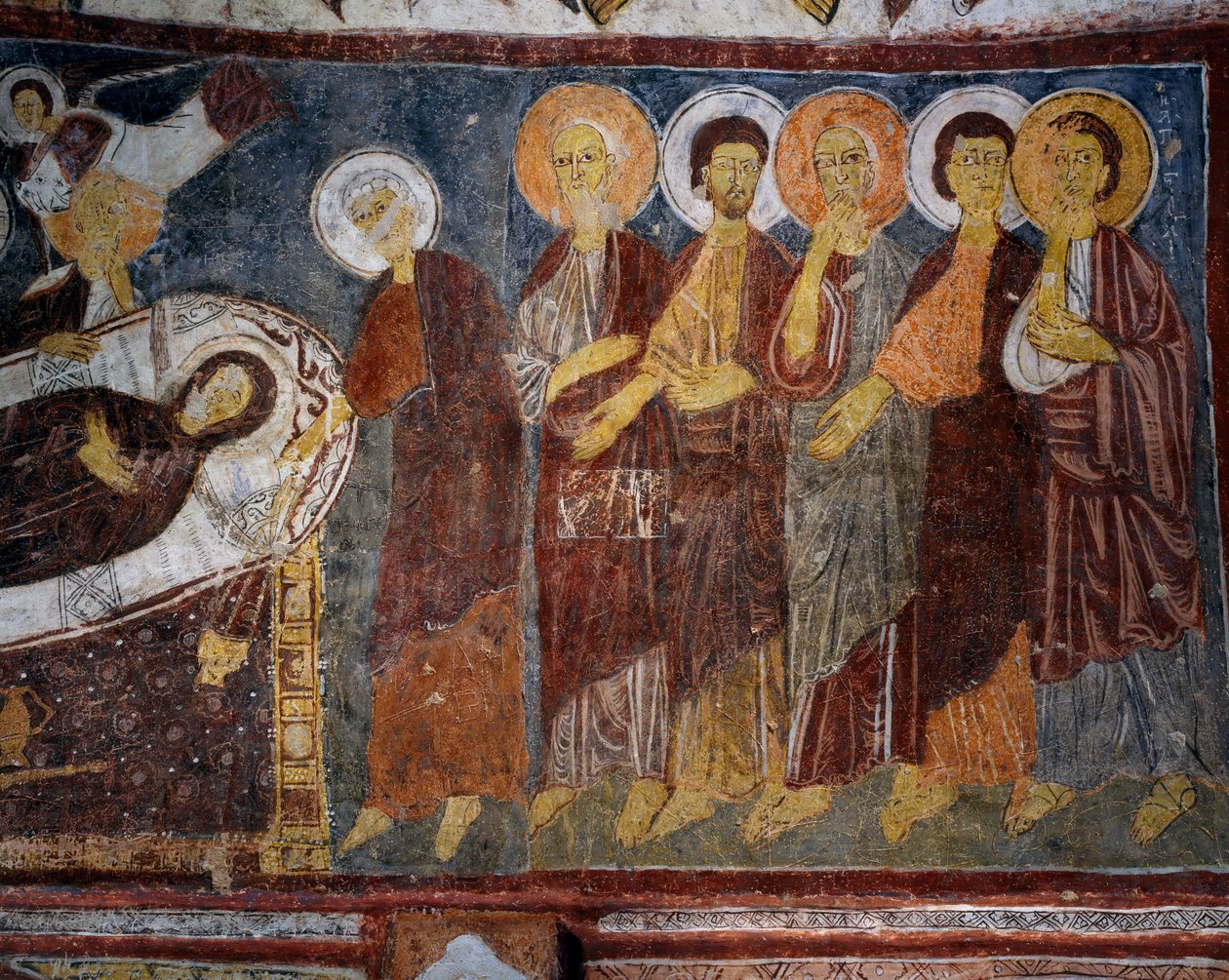 رقاد السيدة العذراء بين الرسل ، التفاصيل ، لوحة جدارية بيزنطية (القرن الثالث عشر) ، جولشهير كارسي كيليز (كنيسة القديس يوحنا) ، جوريم (قائمة اليونسكو للتراث العالمي بواسطة البيزنطية