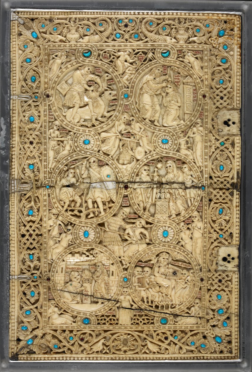 Egerton MS 1139 الغلاف العلوي بمناظر من حياة داود ، "سفر الملكة ميليسيندي" ، القدس ، حوالي 1131-40 (عاجي وفيروزي) بواسطة البيزنطية