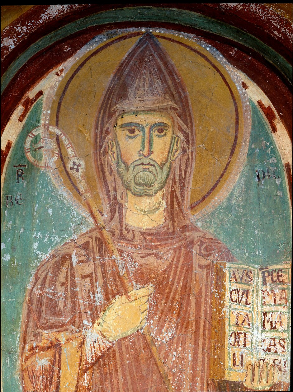 Representation of Saint Benedict of Nursie (6th century) Detail of a fresco of the Byzantine school. The beginning of the 13th century. Monastery of Saint Benoit (Sacro Speco), Chapel of Saint Gregoire a Subiaco (Rome), Italy بواسطة البيزنطية