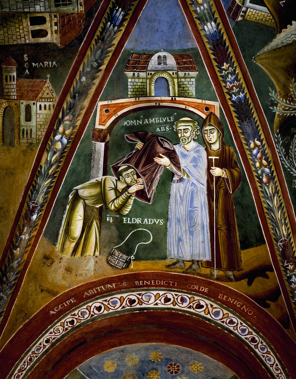 St Nicola, stories of life of St Eldrad and St Nicholas, St Eldrado turned towards St James of Compostela: receiving a monastic habit from Abbot of Novalesa, detail بواسطة البيزنطية