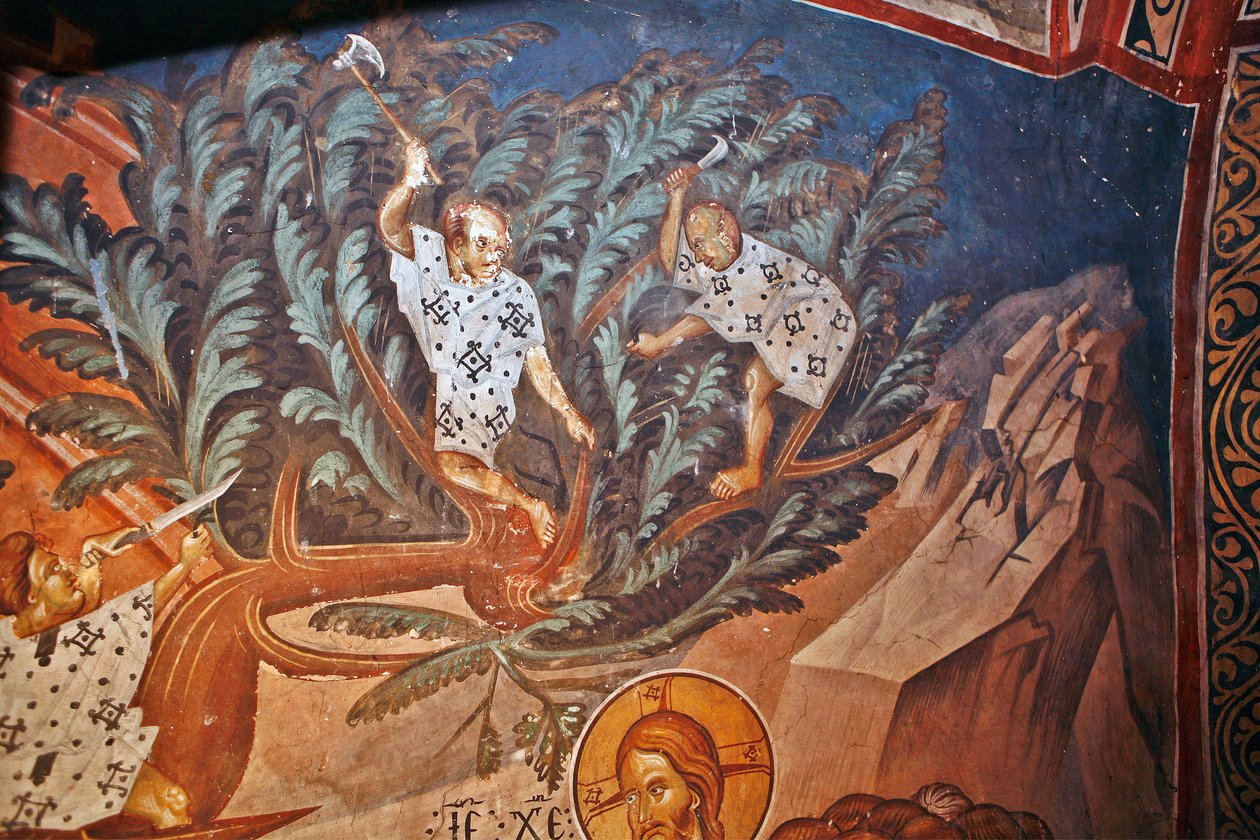 دخول المسيح إلى أورشليم. التفاصيل: أطفال يقطعون أغصان النخيل - Peinture de Damiane (نشط في القرن الرابع عشر) - القرن الرابع عشر - فريسكو - دير القديس جورج ، أوبيسي © FineArtImages / Leemage بواسطة البيزنطية