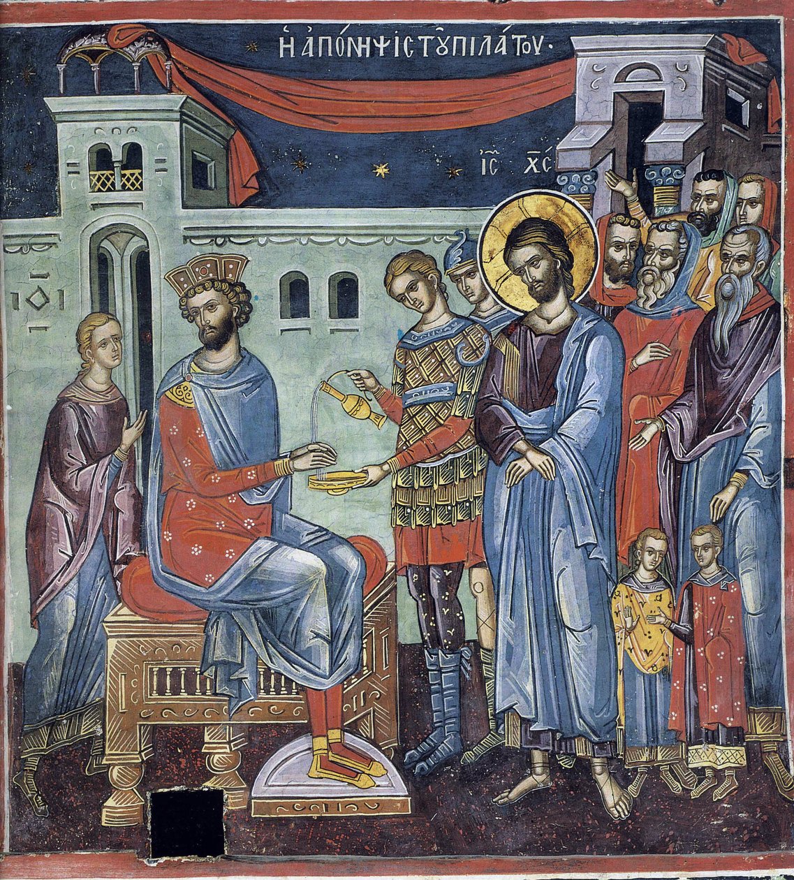 Ponce Pilate se lavant les mains - بيلاطس يغسل يديه - المعلم البيزنطي - القرن السادس عشر - فريسكو - دير ديونيسيو ، جبل آثوس بواسطة البيزنطية البيزنطية