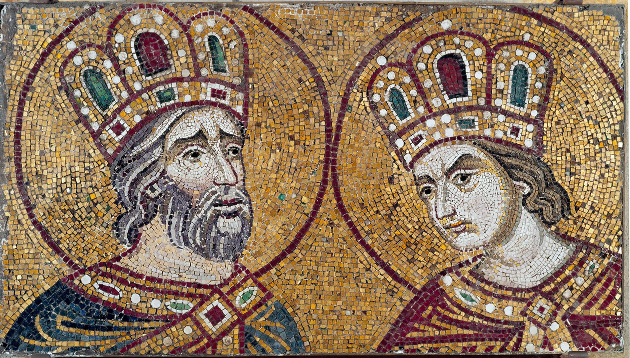 الإمبراطور الروماني قسطنطين الأول مع والدته القديسة هيلين (تفاصيل من الفسيفساء) بواسطة البيزنطية البيزنطية