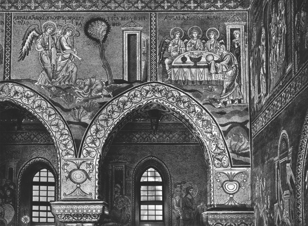 ظهور الملائكة الثلاثة لإبراهيم وكرم إبراهيم ، ص 1182 (فسيفساء) بواسطة المدرسة البيزنطية