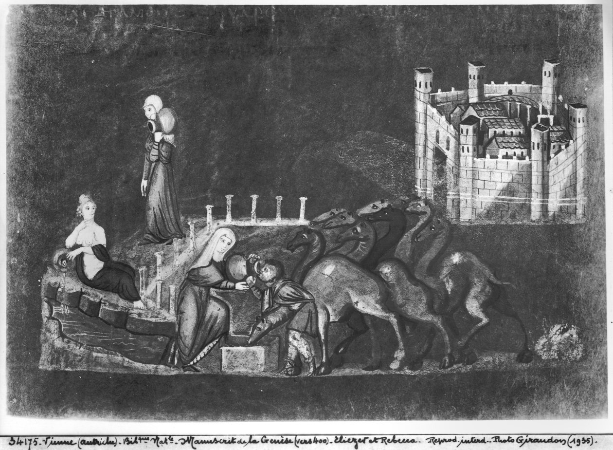 Gr 31 fol.7r ريبيكا وإليعازر في البئر من نشأة فيينا بواسطة المدرسة البيزنطية
