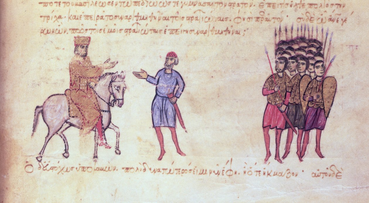 MMS Vitr 26-7 الجيش البيزنطي يطرد البلغار من Tzar Krum من مدريد Skylitzes (الحبر والذهب على الرق) بواسطة المدرسة البيزنطية