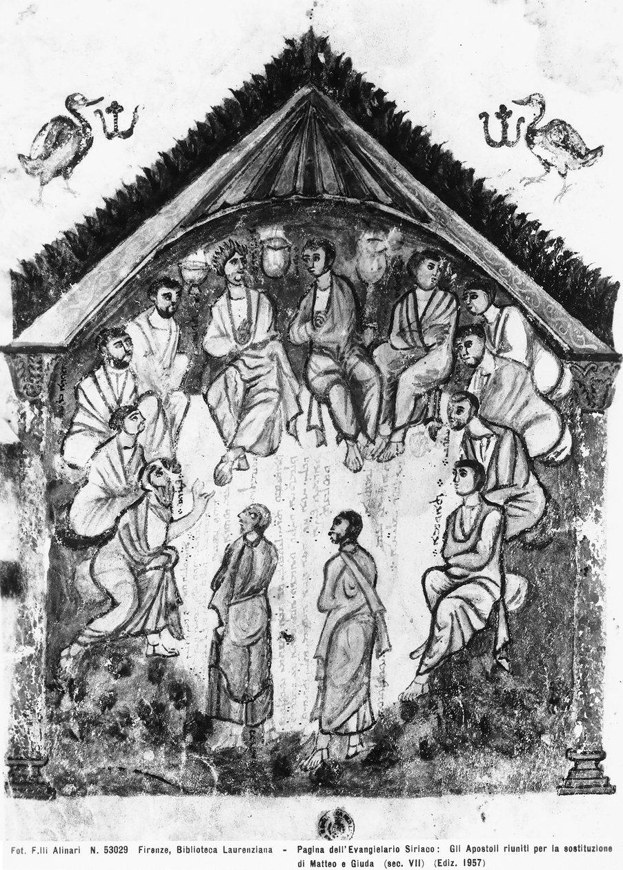 The apostles gathered for the replacement of Judas by Matthias, folio from the Rabula Gospels, 586 AD (tempera on vellum) بواسطة المدرسة البيزنطية