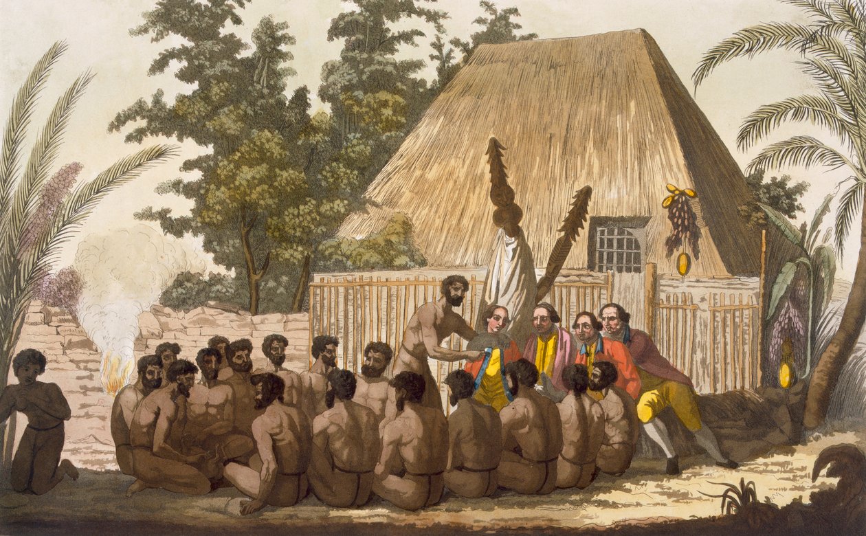 عرض أمام الكابتن كوك ، يعترف فيه بأنه تجسيد للإله لومو ، يناير 1779 ، محفور بواسطة أنجيلو بياسيولي بواسطة C. بوتيجيلا